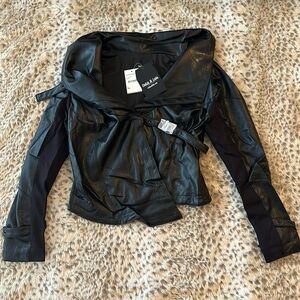 Ookie & Lala Womens Drape Moto Faux Leather Ponte Jacket Black Size Small